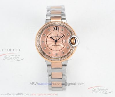 ER Factory Replica Cartier Ballon Bleu De Salmon Dial Rose Gold Diamond Case 33 MM Automatic Watch For Women